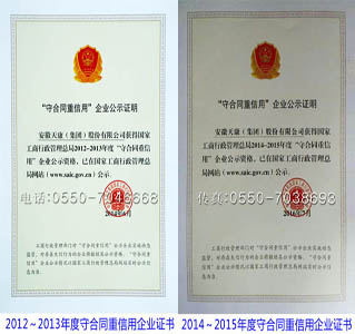2012～2013年度守合同重信用企业证书、2014～2015年度守合同重信用企业证书